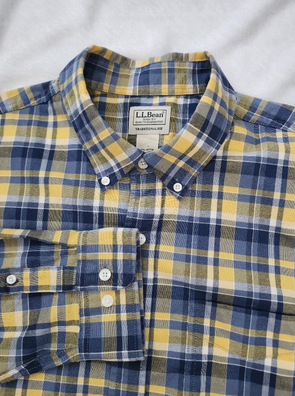 L. L BEAN Traditional Fit Blue Yellow Plaid Oxford Button Down Large Tall
